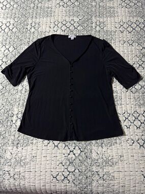 Calvin Klein Black Knit V Neck Top Cute Faux Button New without Tags